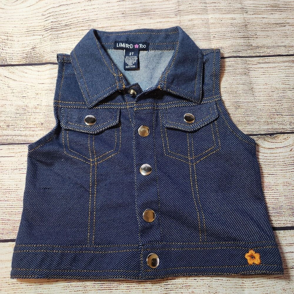 Limited Too Toddler Girls Denim Vest Snap Buttons Sz 2T W/ Orange Flower Accent